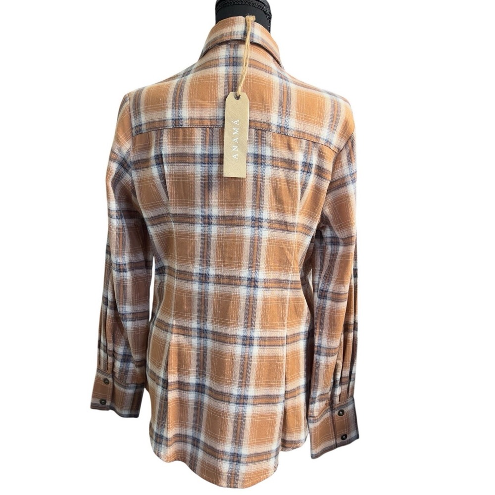 Anama` Tailored Farmcore Flannel Long Sleeve Button Brown Plaid Cozy Small Shirt - Picture 2 of 10